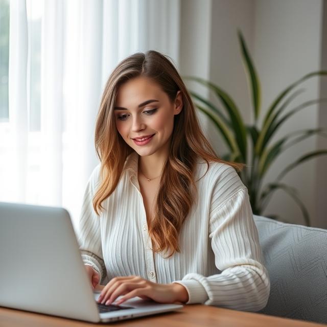 A woman in a white shirt working on a laptop at home.