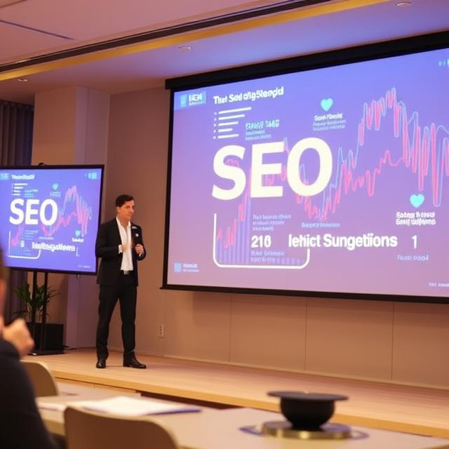A man in black suit making Illustration of emerging SEO technology trends during a presentation.