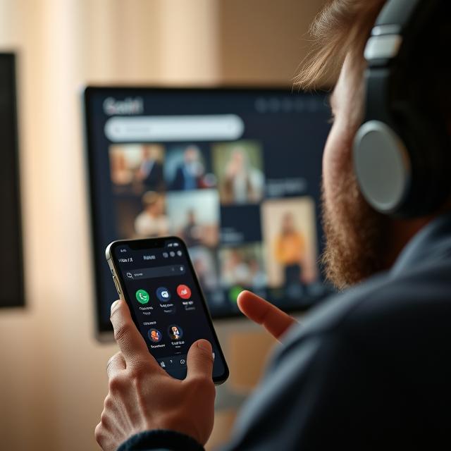 A man wearing headphones, holding a mobile phone, and using voice search.