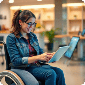 A smiling woman in a wheelchair using a laptop at her office desk.