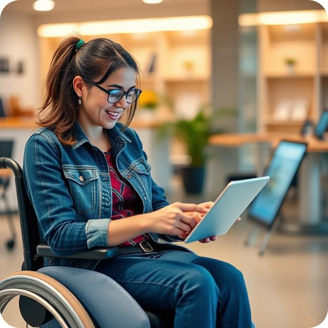 A smiling woman in a wheelchair using a laptop at her office desk.