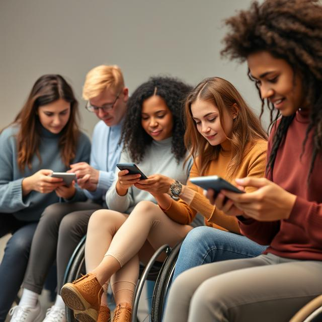 Digital inclusion. Five friends in wheelchairs operating mobile phones.