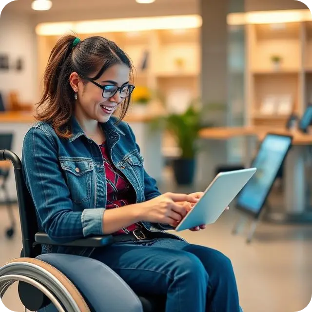 A smiling woman in a wheelchair using a laptop at her office desk.