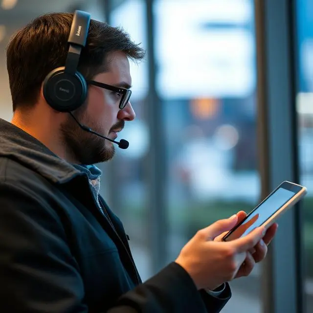 Image of a man in his 30s Wearing Headset operating a tablet.