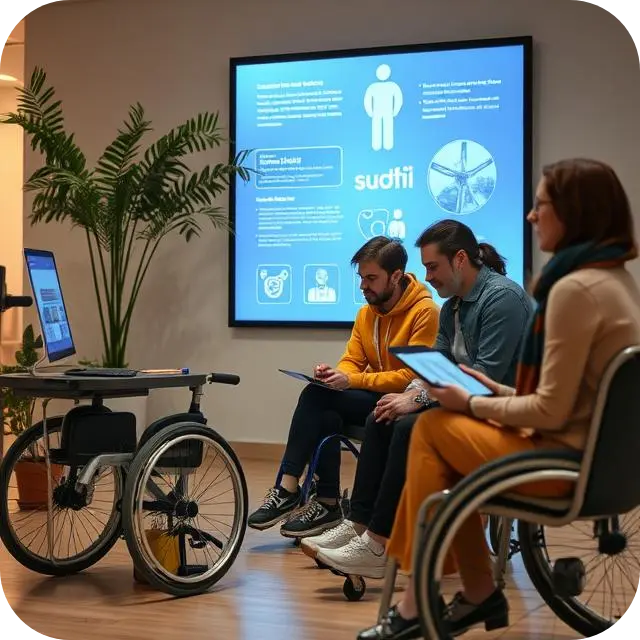 A team of three staff members in wheelchairs holding tablets during a presentation on digital accessibility & SEO.