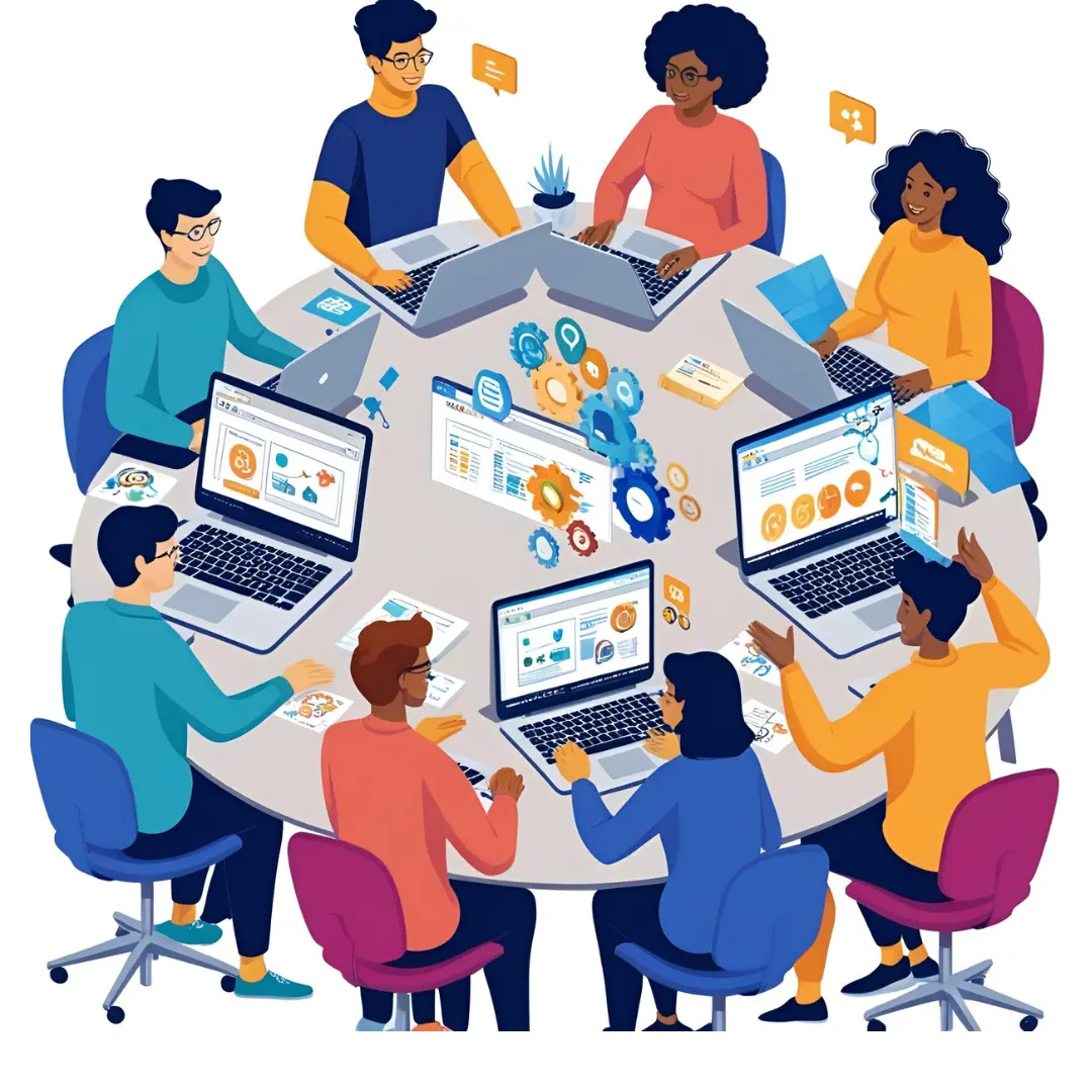 Vector illustration showing eight diverse tech professionals working on laptops