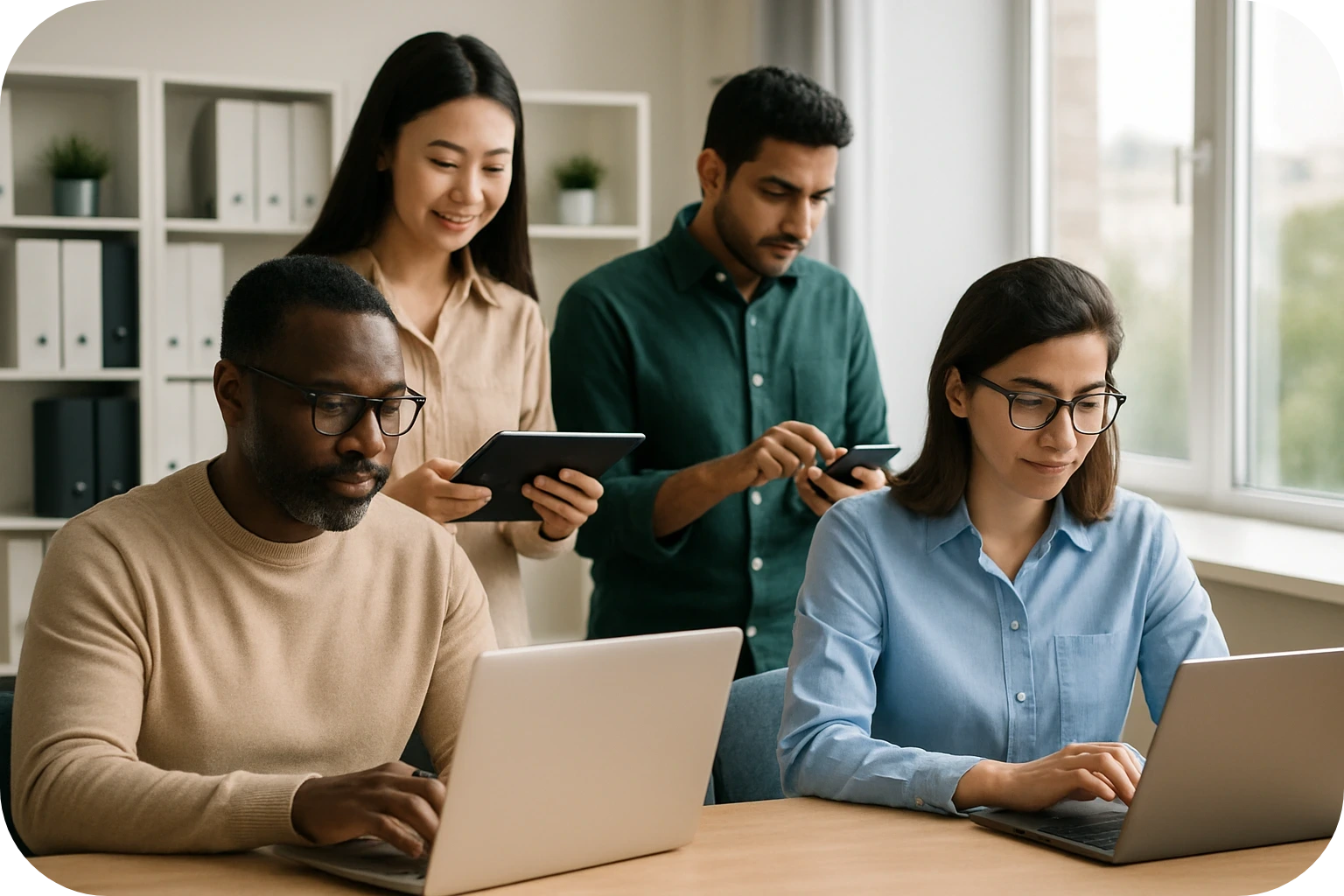 Four tech workers using laptops and tablets in office.